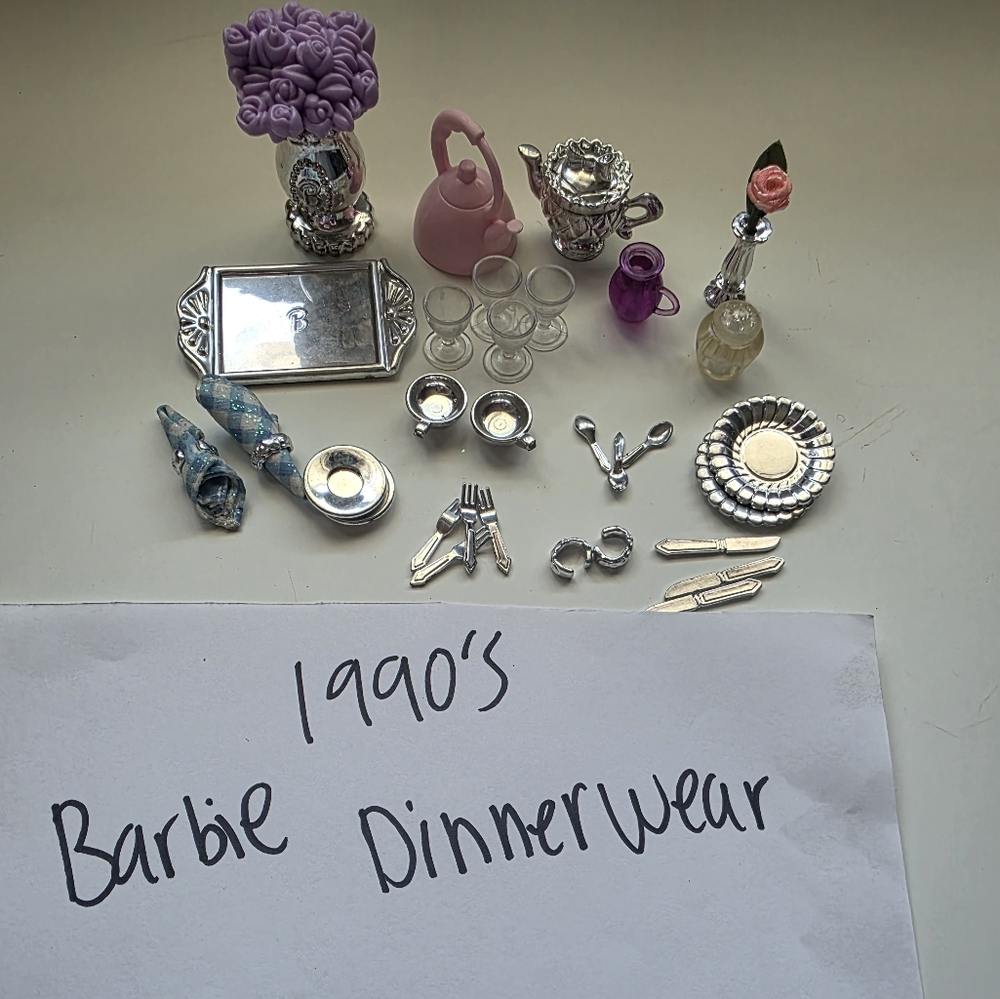 90s Barbie Silver & Pink Dinnerware Set